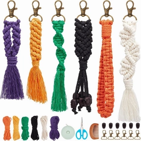 Halloween Macrame Keychain Kit for Adults Beginners 6 Set Boho DIY Macrame Wristlet Kits with Step-by-Step Instruction for Keychain Bag Charms Bracelet Car Handbag Pendant Keys Purse Wallet