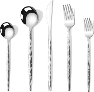 Hammered Silverware Set,30 Piece Stainless Steel Flatware Set for 6,Modern Cutlery Set,Includes Spoon Fork Knives Set,Home Kitchen and Restaurant,Dishwasher Safe (Silver)