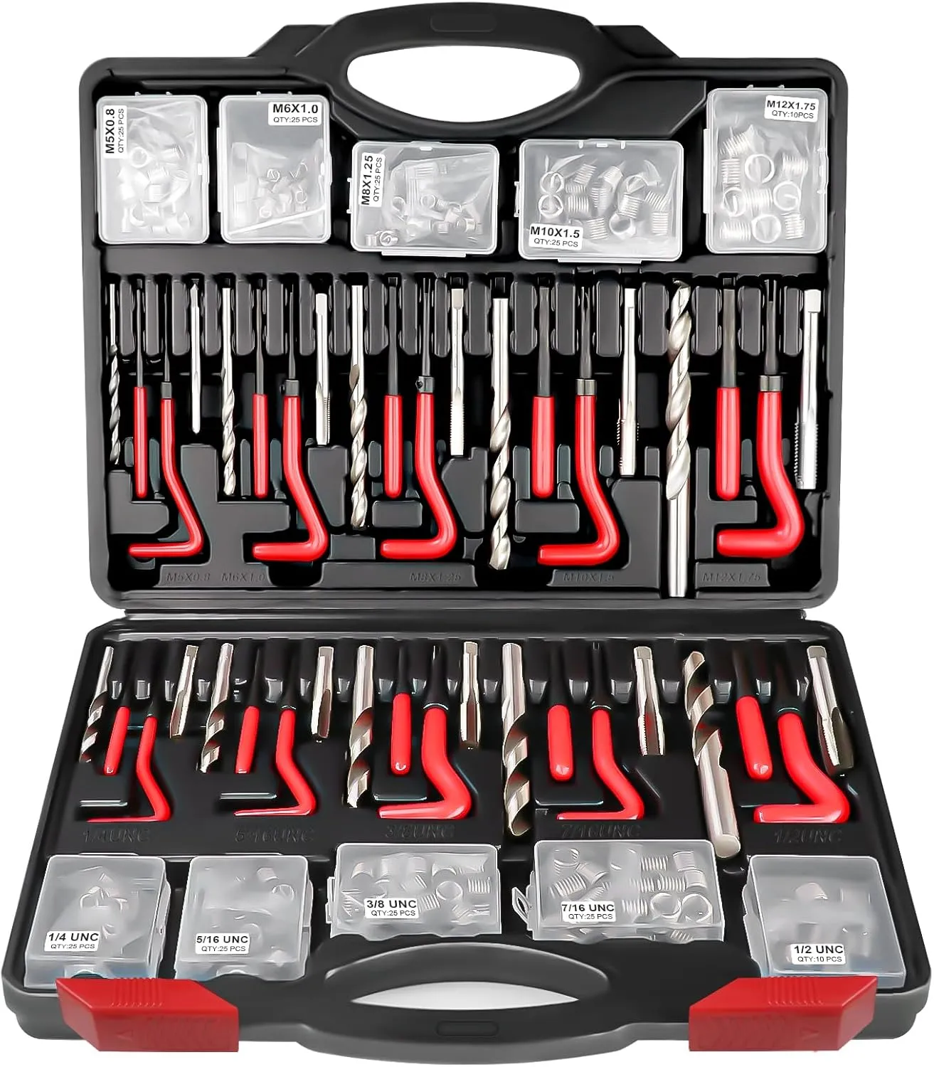 Helicoil Thread Repair Kit, 261 PCS Thread Chaser Kits HSS Drill Helicoil Kit, Rethreading Tool with Thread Gauge| Metric and SAE| 1/4" 5/16" 3/8" 7/16" 1/2" M5 M6 M8 M10 M12