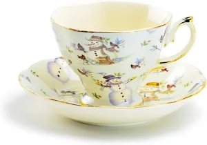 Holiday Snowman Fine Porcelain Tea Cup and Saucer, Multicolor