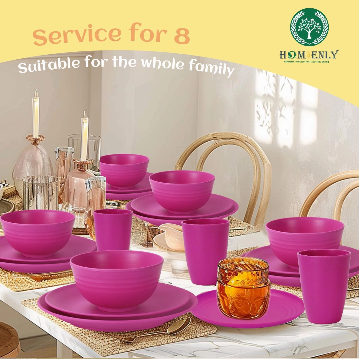 Homienly 40-Piece Kitchen Plastic Wheat Straw Dinnerware Set, Dish Set for 8, Dinner Plates, Dessert Plate, Cereal Bowls, Cups, Appetizer Plates,Unbreakable Plastic Outdoor Camping Dishes,Pink