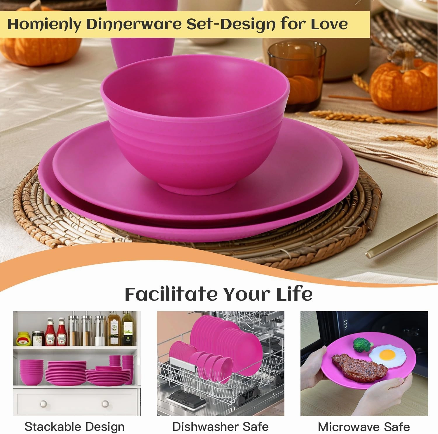 Homienly 40-Piece Kitchen Plastic Wheat Straw Dinnerware Set, Dish Set for 8, Dinner Plates, Dessert Plate, Cereal Bowls, Cups, Appetizer Plates,Unbreakable Plastic Outdoor Camping Dishes,Pink
