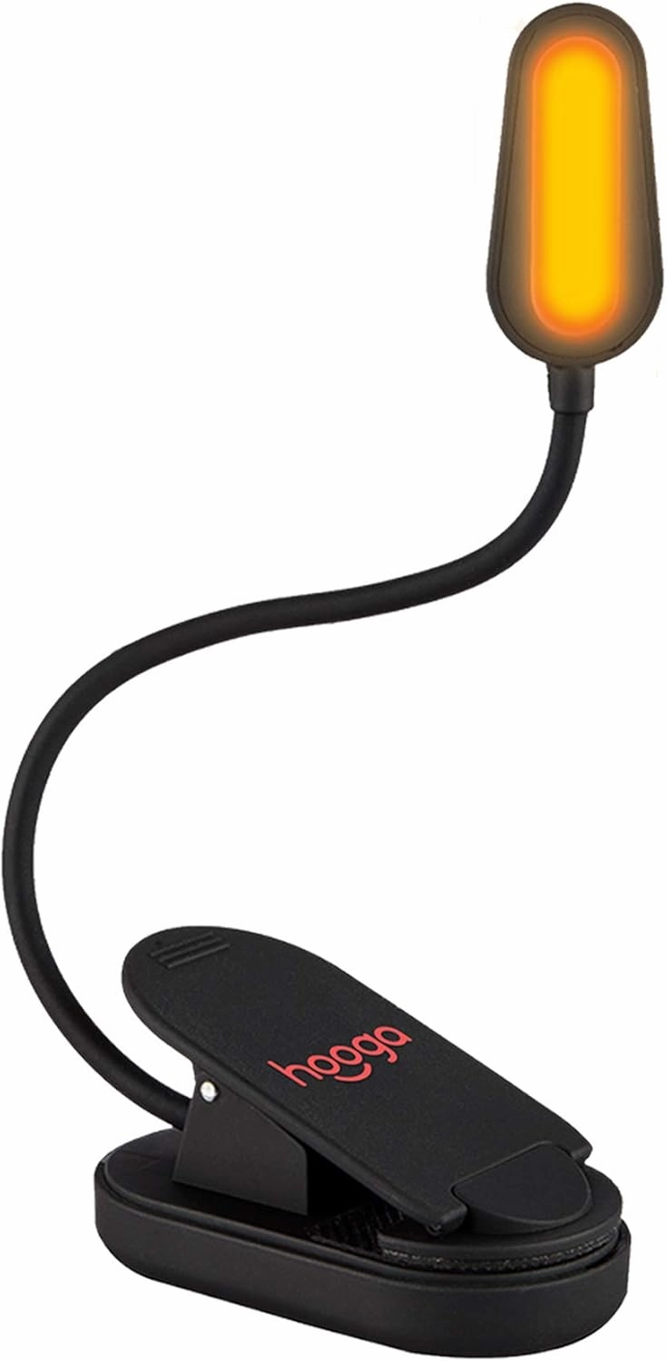 hooga Book Light, Rechargeable Clip On Blue Blocking Amber LED Light for Reading in Bed. 1600K Color. Eye Care Light for Strain-Free, Healthy Eyes. Gift for Students, Kids, Travel, Nursing, Studying.