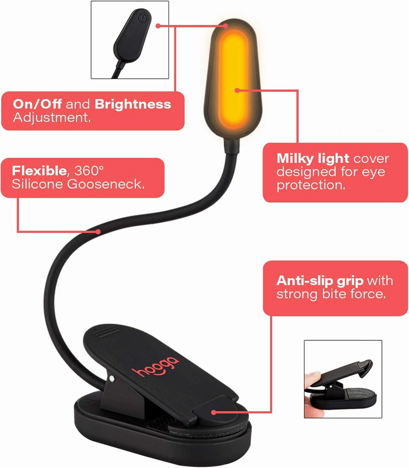 hooga Book Light, Rechargeable Clip On Blue Blocking Amber LED Light for Reading in Bed. 1600K Color. Eye Care Light for Strain-Free, Healthy Eyes. Gift for Students, Kids, Travel, Nursing, Studying.