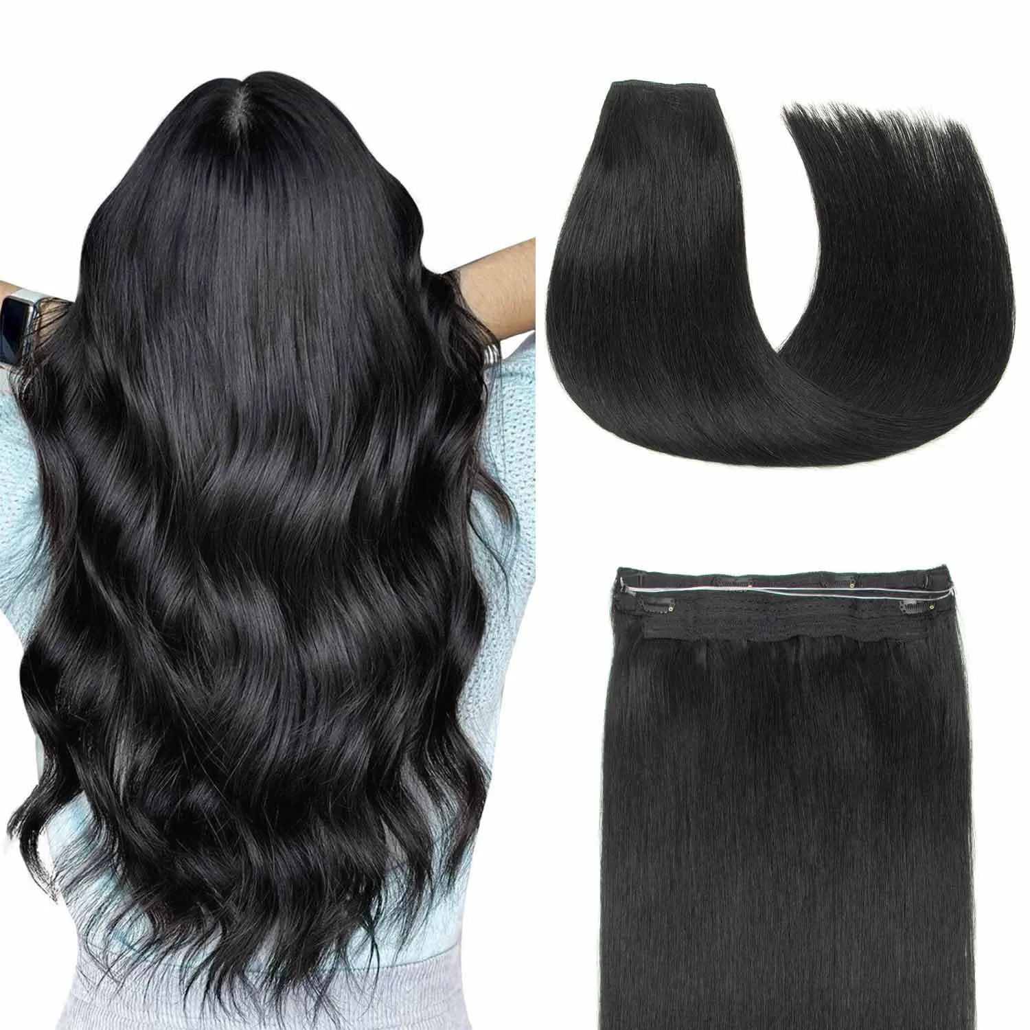 Human Hair Wire Hair Extensions Jet Black 60g invisible Removable Thick Straight Fishing Line Layered Natural Hairpiece Human Hair Extensions(12 Inch #1 Jet Black）