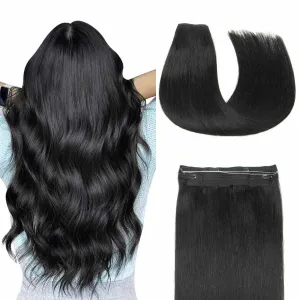 Human Hair Wire Hair Extensions Jet Black 60g invisible Removable Thick Straight Fishing Line Layered Natural Hairpiece Human Hair Extensions(12 Inch #1 Jet Black）
