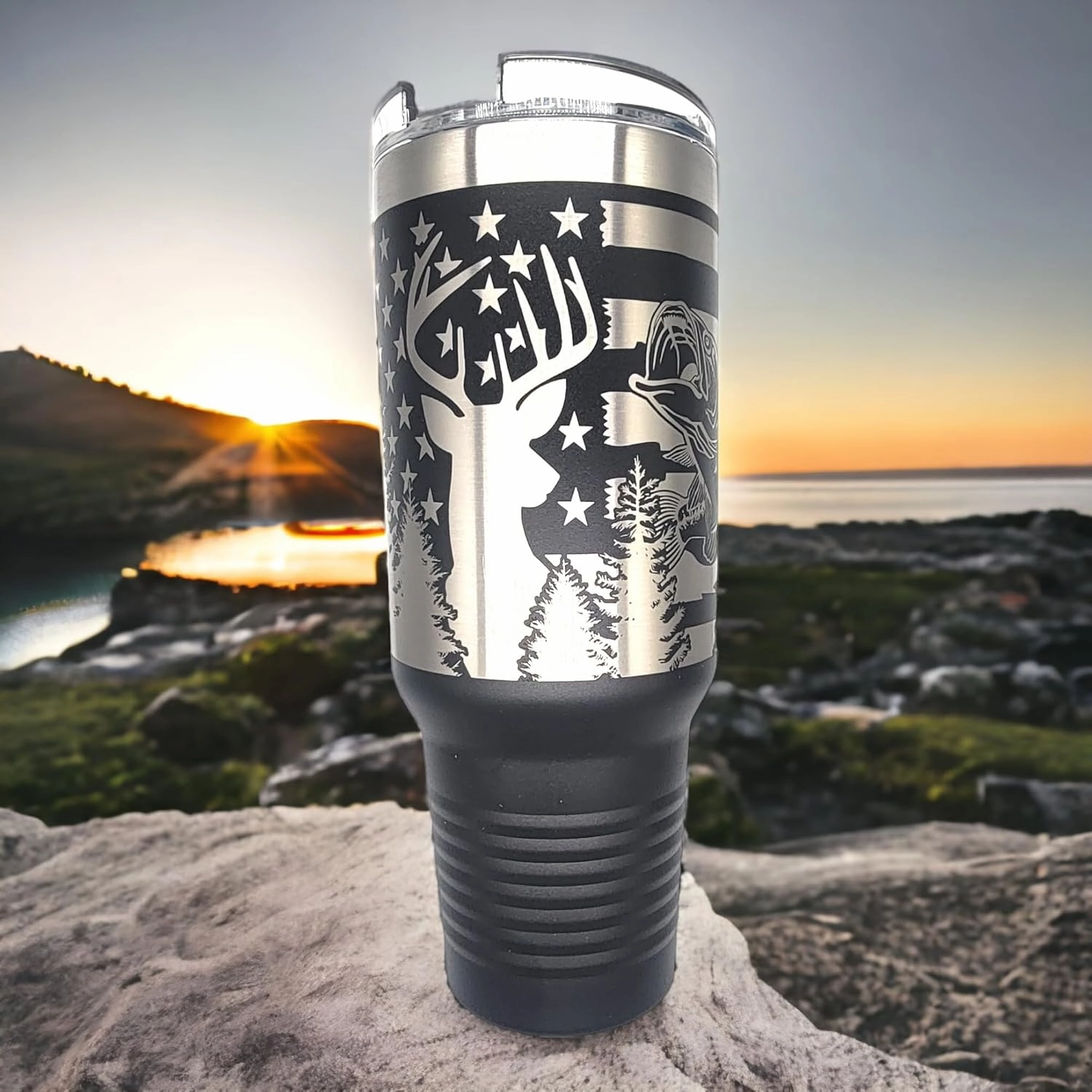 Hunting Fishing American Flag 40oz Tumbler Patriotic Laser Engraved Drinkwear - Engraved in the USA (Hunting and Fishing Black, 40oz Tumbler)