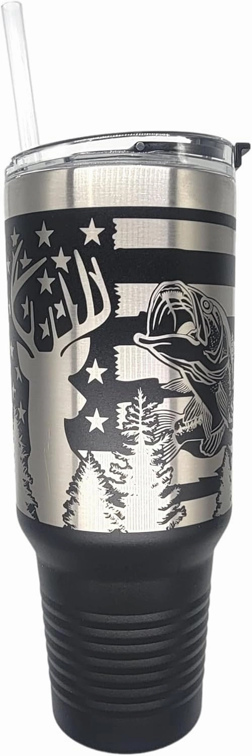 Hunting Fishing American Flag 40oz Tumbler Patriotic Laser Engraved Drinkwear - Engraved in the USA (Hunting and Fishing Black, 40oz Tumbler)