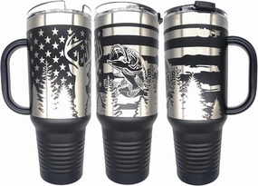 Hunting Fishing American Flag 40oz Tumbler Patriotic Laser Engraved Drinkwear - Engraved in the USA (Hunting and Fishing Black, 40oz Tumbler)