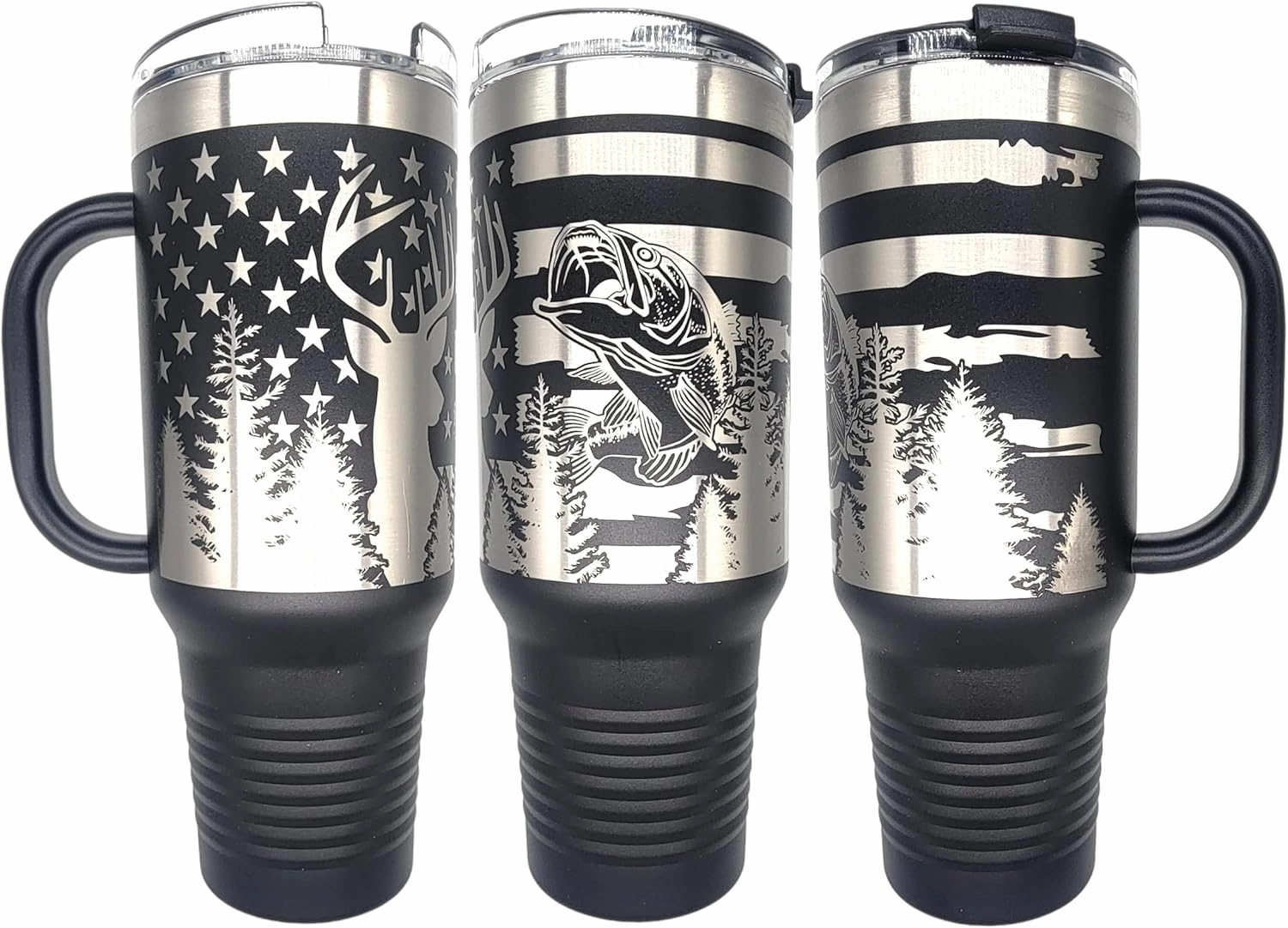 Hunting Fishing American Flag 40oz Tumbler Patriotic Laser Engraved Drinkwear - Engraved in the USA (Hunting and Fishing Black, 40oz Tumbler)