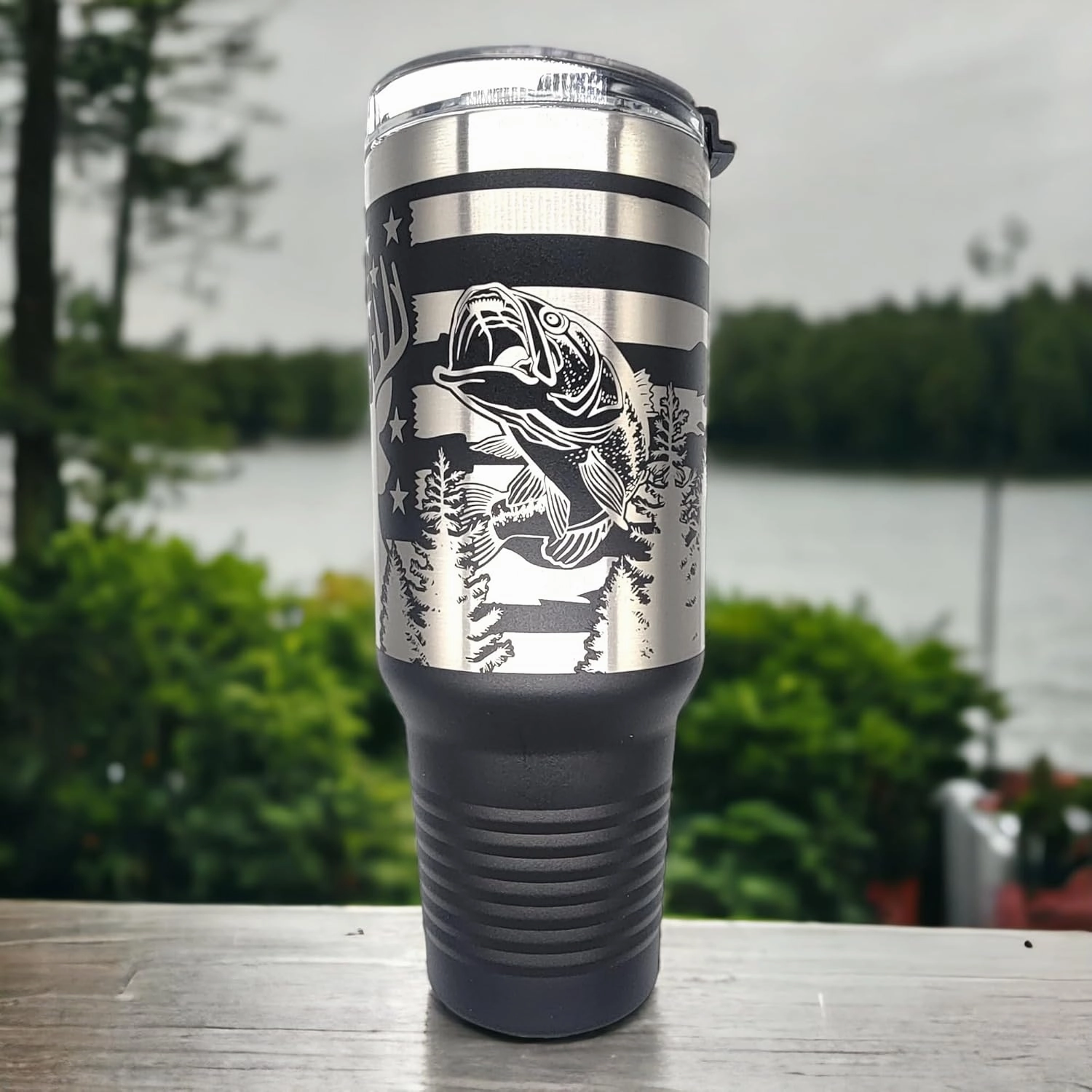 Hunting Fishing American Flag 40oz Tumbler Patriotic Laser Engraved Drinkwear - Engraved in the USA (Hunting and Fishing Black, 40oz Tumbler)