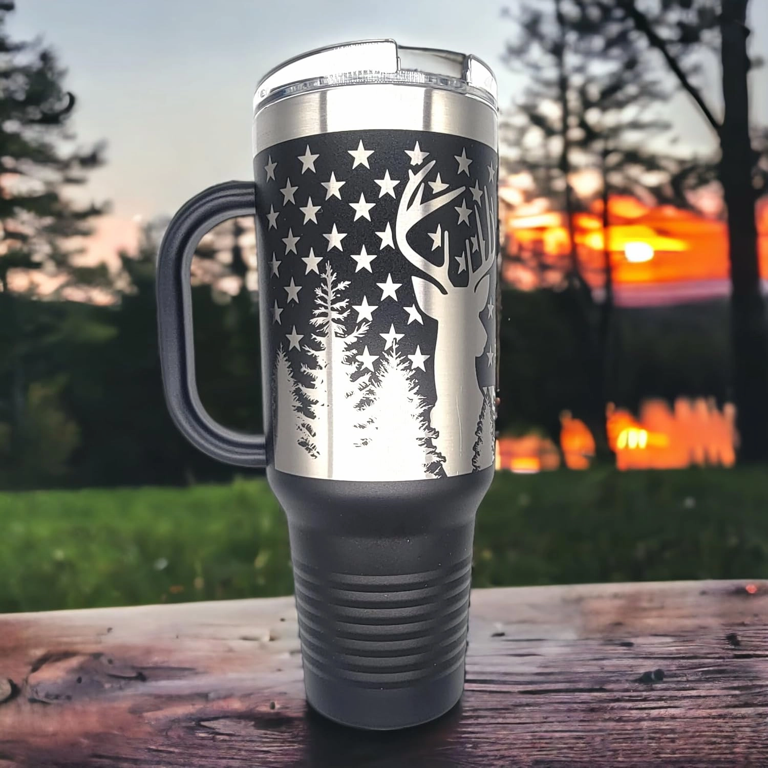 Hunting Fishing American Flag 40oz Tumbler Patriotic Laser Engraved Drinkwear - Engraved in the USA (Hunting and Fishing Black, 40oz Tumbler)