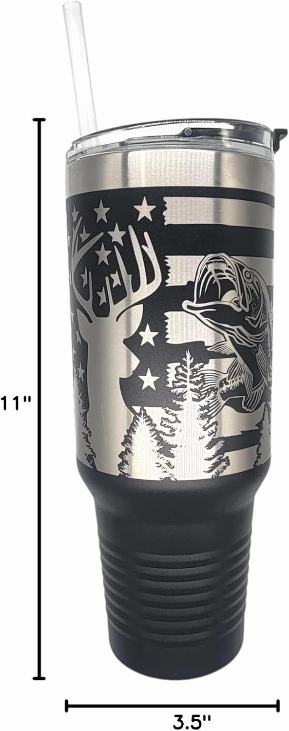 Hunting Fishing American Flag 40oz Tumbler Patriotic Laser Engraved Drinkwear - Engraved in the USA (Hunting and Fishing Black, 40oz Tumbler)