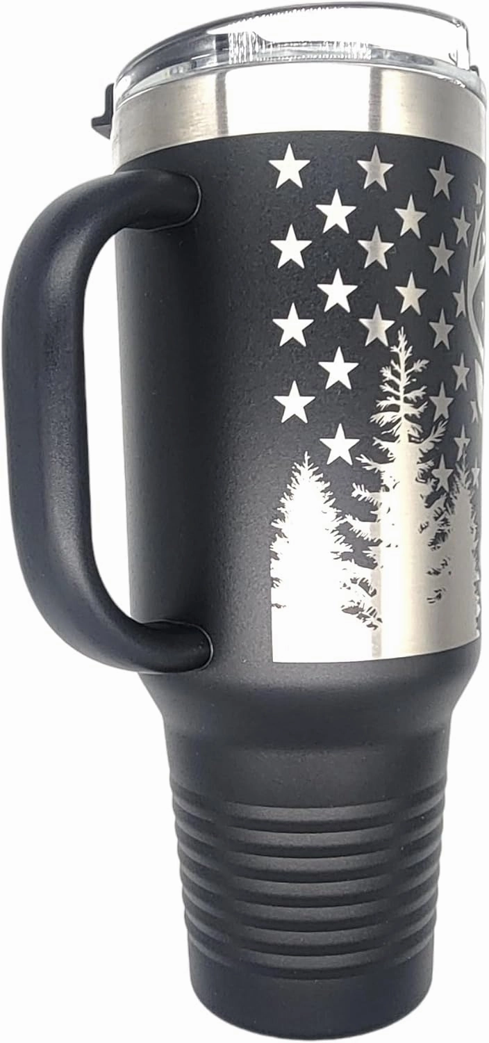 Hunting Fishing American Flag 40oz Tumbler Patriotic Laser Engraved Drinkwear - Engraved in the USA (Hunting and Fishing Black, 40oz Tumbler)