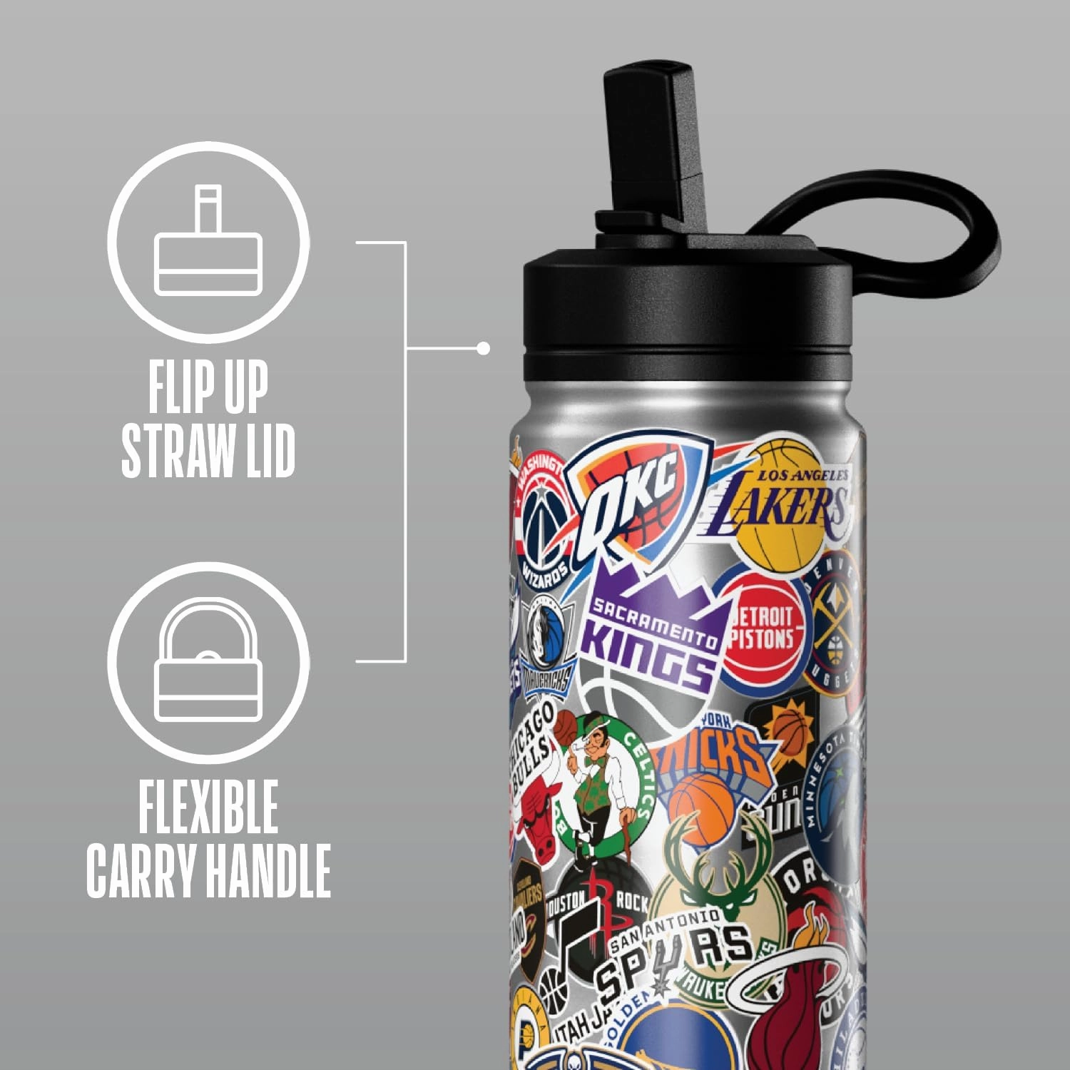 Hydrapeak x NBA Officially Licensed All Team Sticker Print 20 oz Insulated Water Bottle with Straw Lid and Handle (Current)