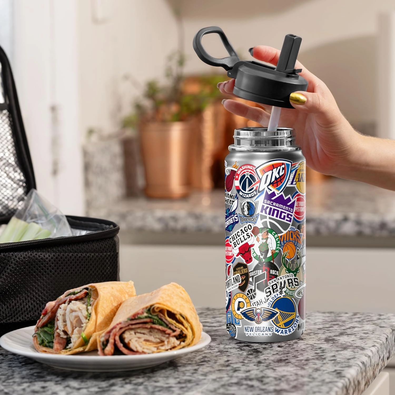 Hydrapeak x NBA Officially Licensed All Team Sticker Print 20 oz Insulated Water Bottle with Straw Lid and Handle (Current)