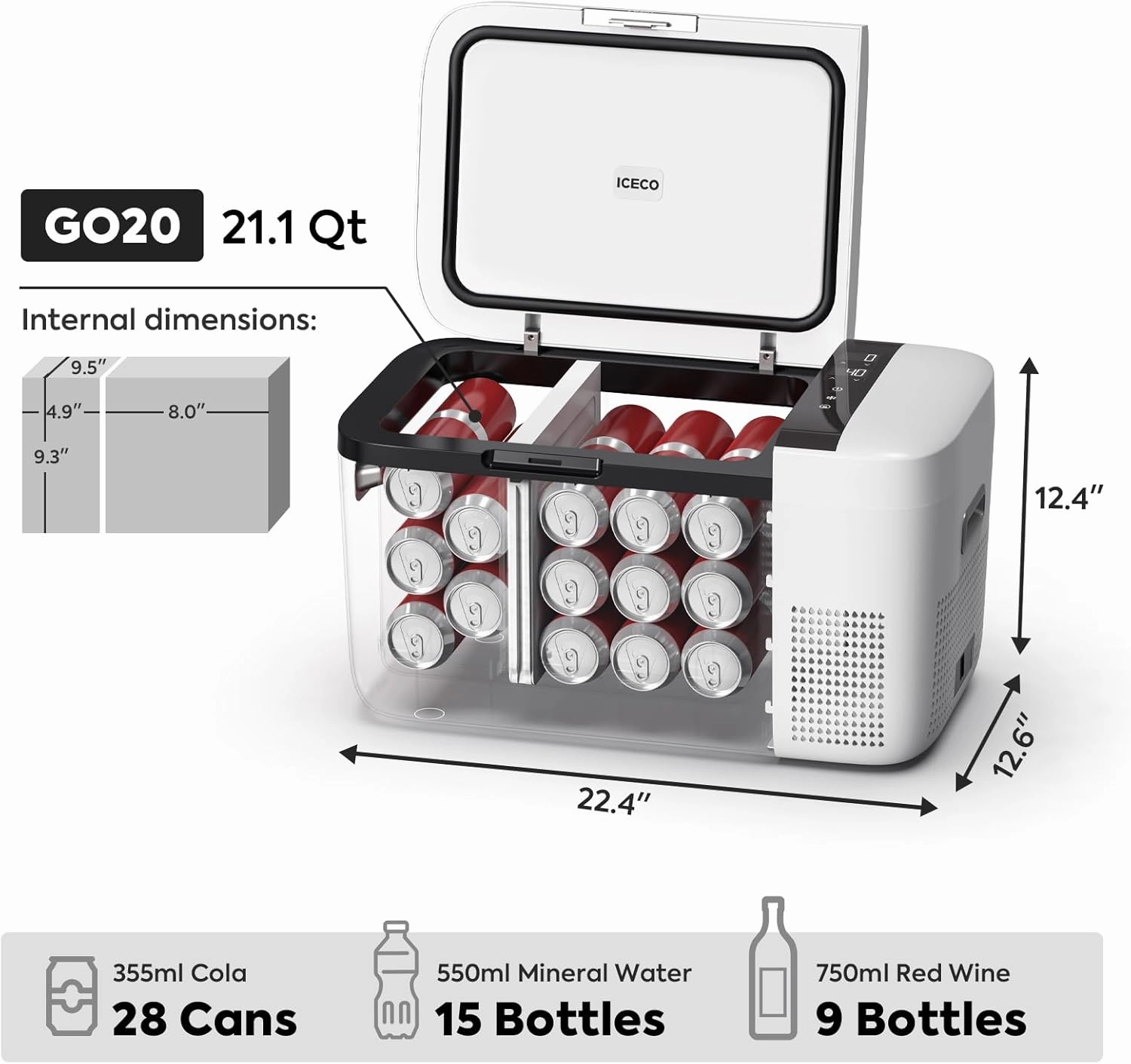 ICECO GO20 Dual Zone 12 Volt Refrigerator, 12V Car Refrigerator with Secop Compressor, Separate Control, DC & AC, 0℉ - 50℉, Portable Freezer Compressor Cooler for Outdoor, White, 21 Quart(20 Liter)