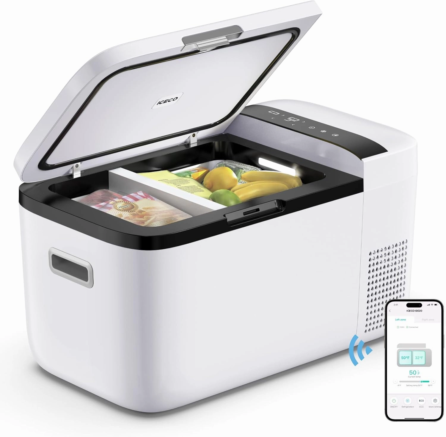 ICECO GO20 Dual Zone 12 Volt Refrigerator, 12V Car Refrigerator with Secop Compressor, Separate Control, DC & AC, 0℉ - 50℉, Portable Freezer Compressor Cooler for Outdoor, White, 21 Quart(20 Liter)