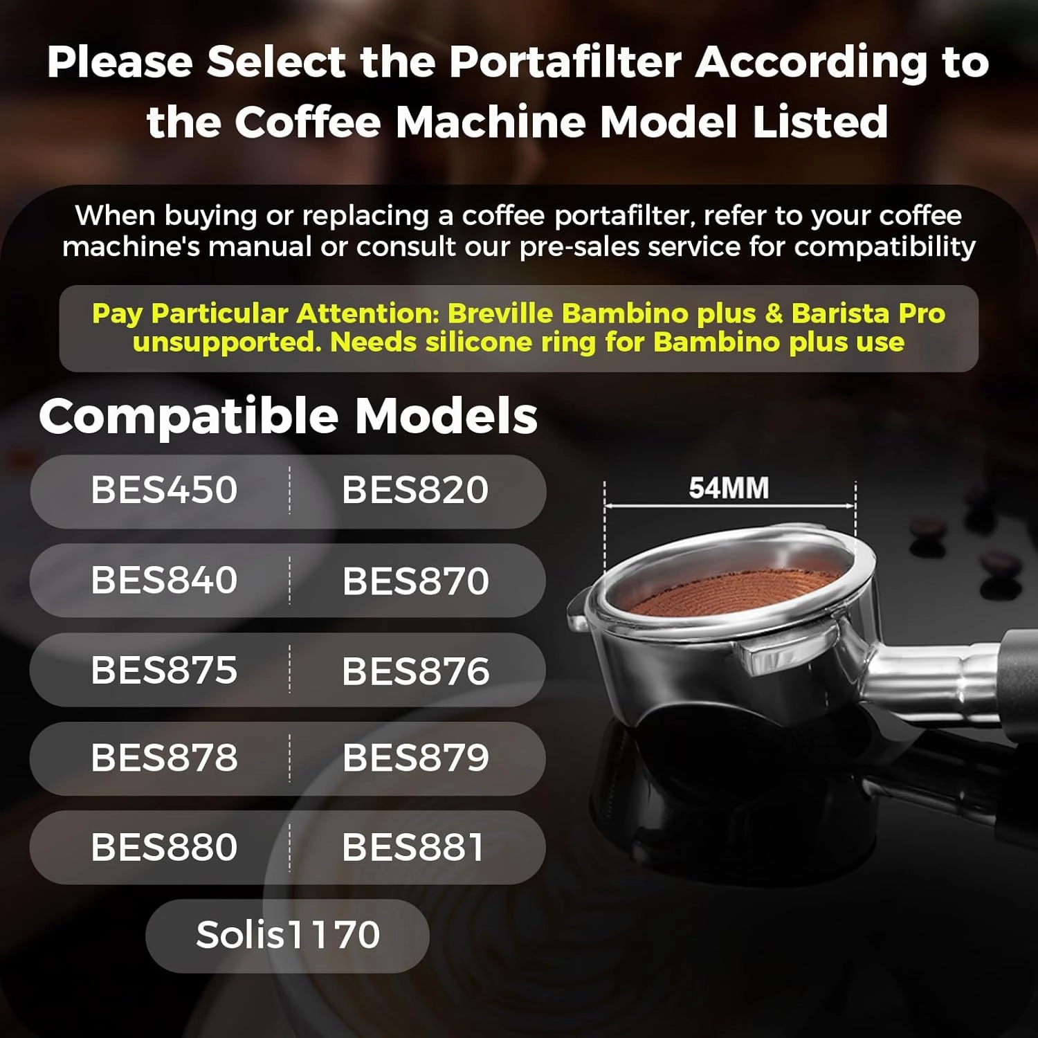 IKAPE 54mm Bottomless Naked Portafilter, Suitable for 54mm Breville Barista Series BES870/878/880 Machine & Solis Barista Machines (Included 18g Capacity Filter Basket)