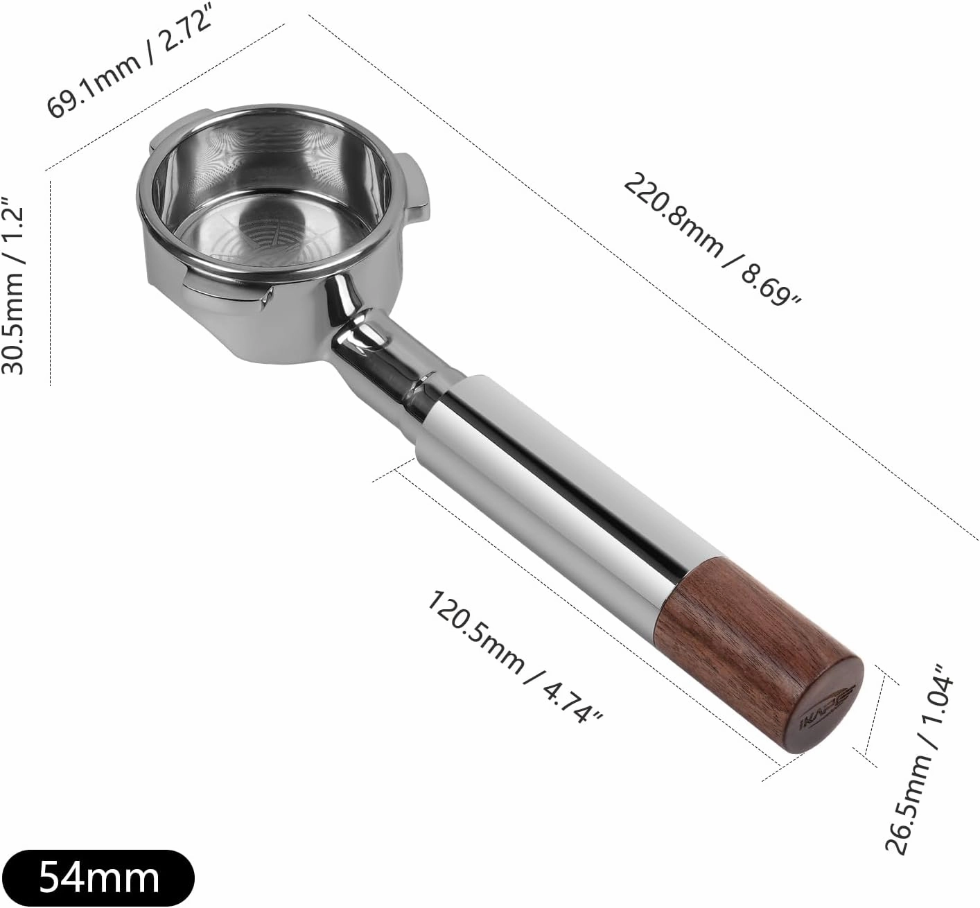 IKAPE 54mm Bottomless Naked Portafilter, Suitable for 54mm Breville Barista Series BES870/878/880 Machine & Solis Barista Machines (Included 18g Capacity Filter Basket)
