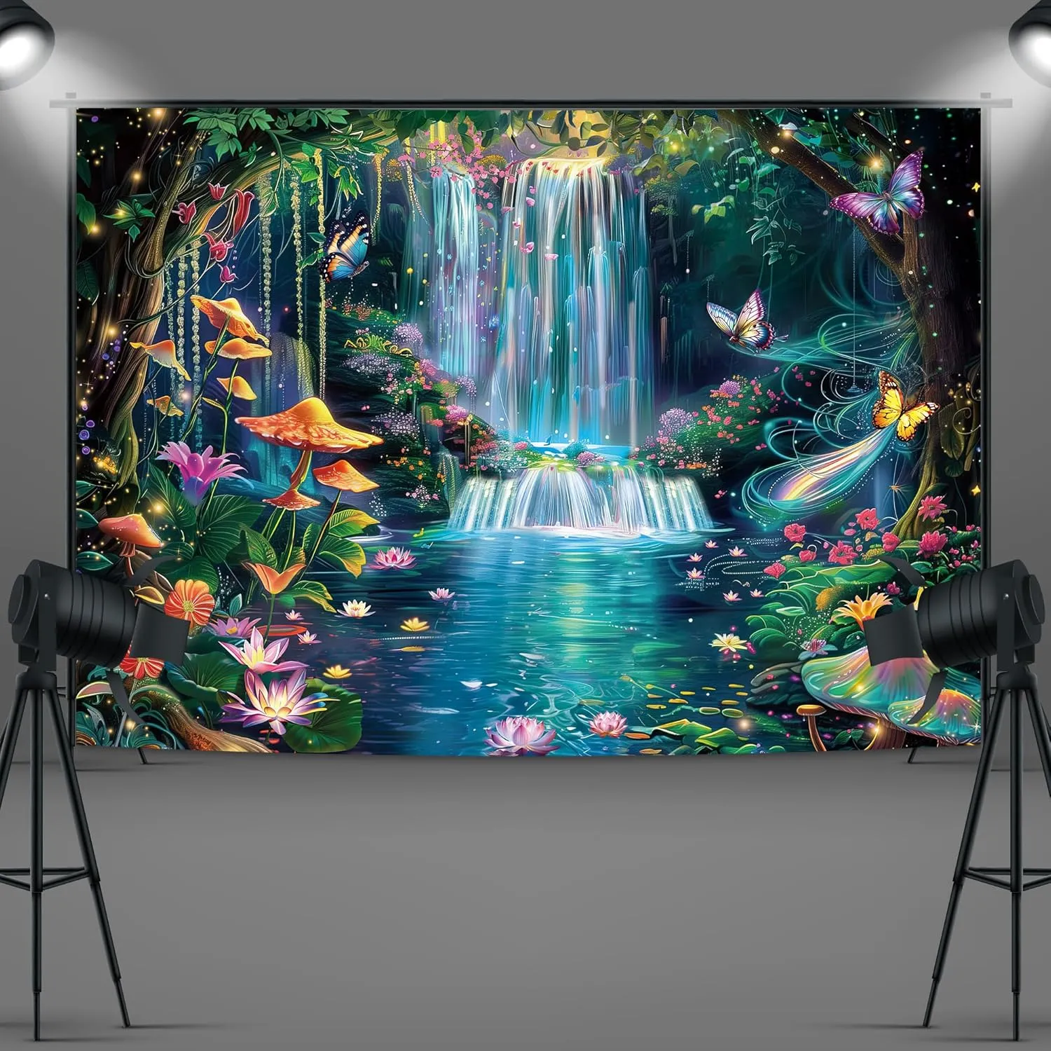 Imirell Fairy Backdrop 7Wx5H Feet Enchanted Woodland Waterfall Mushroom Green Butterfly Flower Polyester Fabric Tree Plant Leaves Birthday Photography Backgrounds Photo Shoot Decor Props Decoration