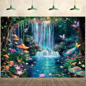 Imirell Fairy Backdrop 7Wx5H Feet Enchanted Woodland Waterfall Mushroom Green Butterfly Flower Polyester Fabric Tree Plant Leaves Birthday Photography Backgrounds Photo Shoot Decor Props Decoration