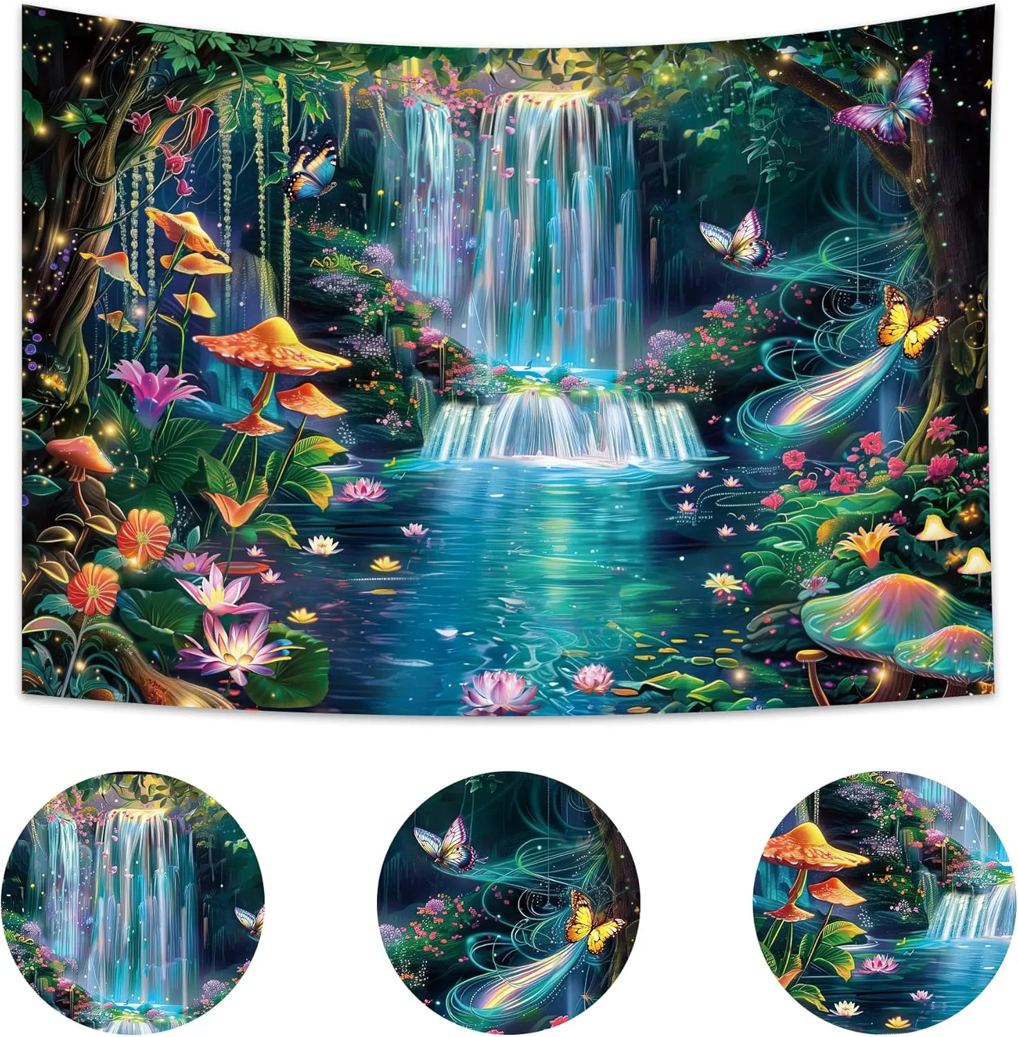 Imirell Fairy Backdrop 7Wx5H Feet Enchanted Woodland Waterfall Mushroom Green Butterfly Flower Polyester Fabric Tree Plant Leaves Birthday Photography Backgrounds Photo Shoot Decor Props Decoration