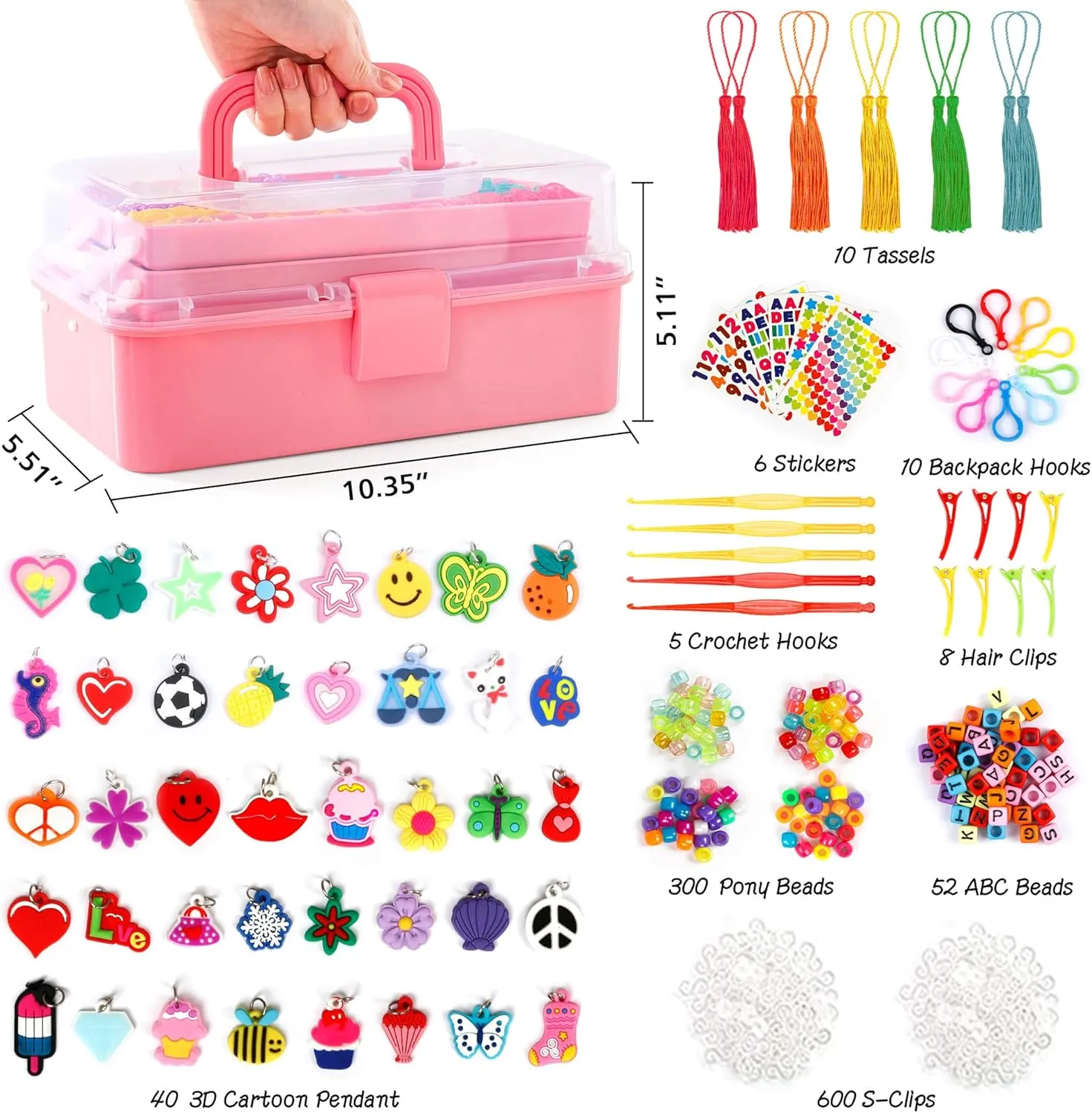 INSCRAFT 17500  Rubber Loom Bands with 3 Layer Rose Pink Container, 28 Colors, 600 S-Clips, 352 Beads, 40 Cartoon Pendant, Bracelet Making Refill Kit for Kids