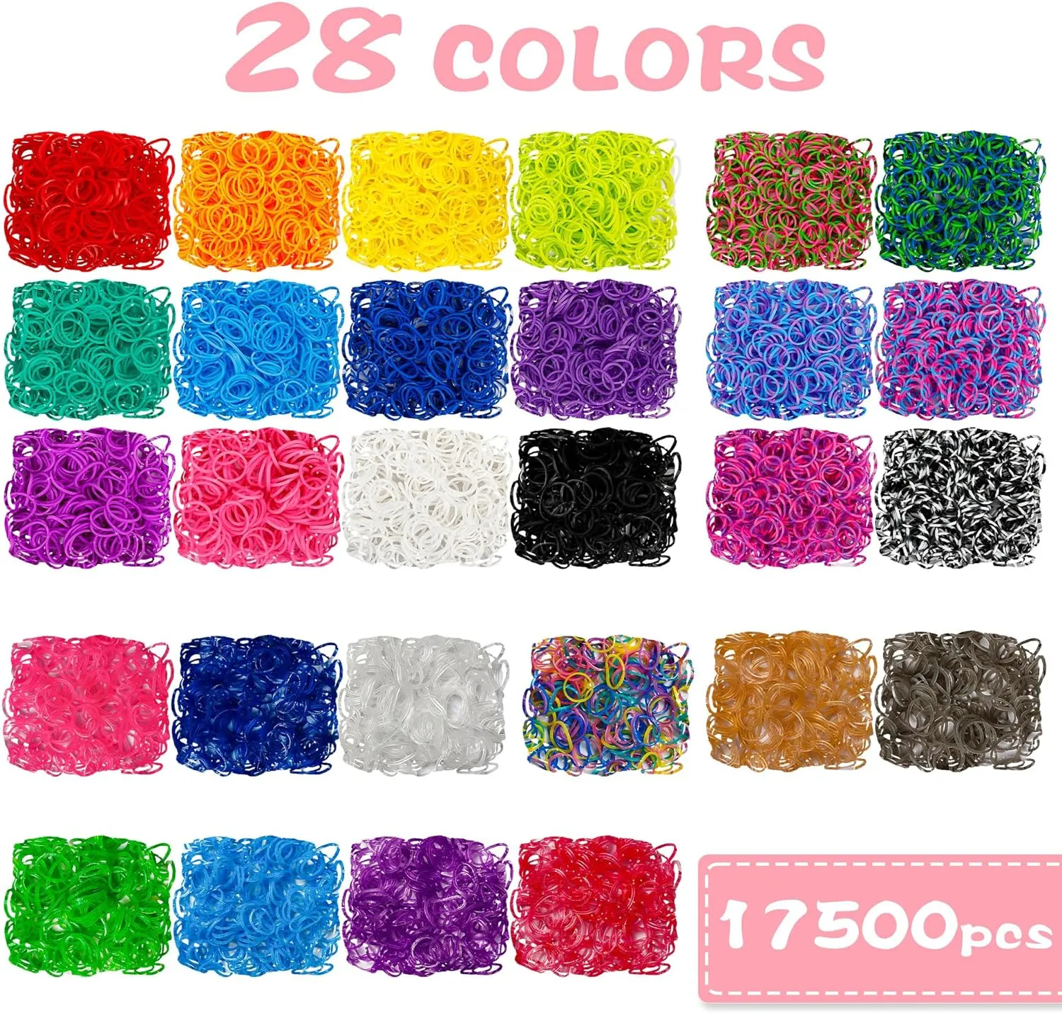 INSCRAFT 17500  Rubber Loom Bands with 3 Layer Rose Pink Container, 28 Colors, 600 S-Clips, 352 Beads, 40 Cartoon Pendant, Bracelet Making Refill Kit for Kids