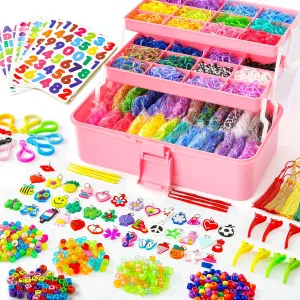 INSCRAFT 17500  Rubber Loom Bands with 3 Layer Rose Pink Container, 28 Colors, 600 S-Clips, 352 Beads, 40 Cartoon Pendant, Bracelet Making Refill Kit for Kids
