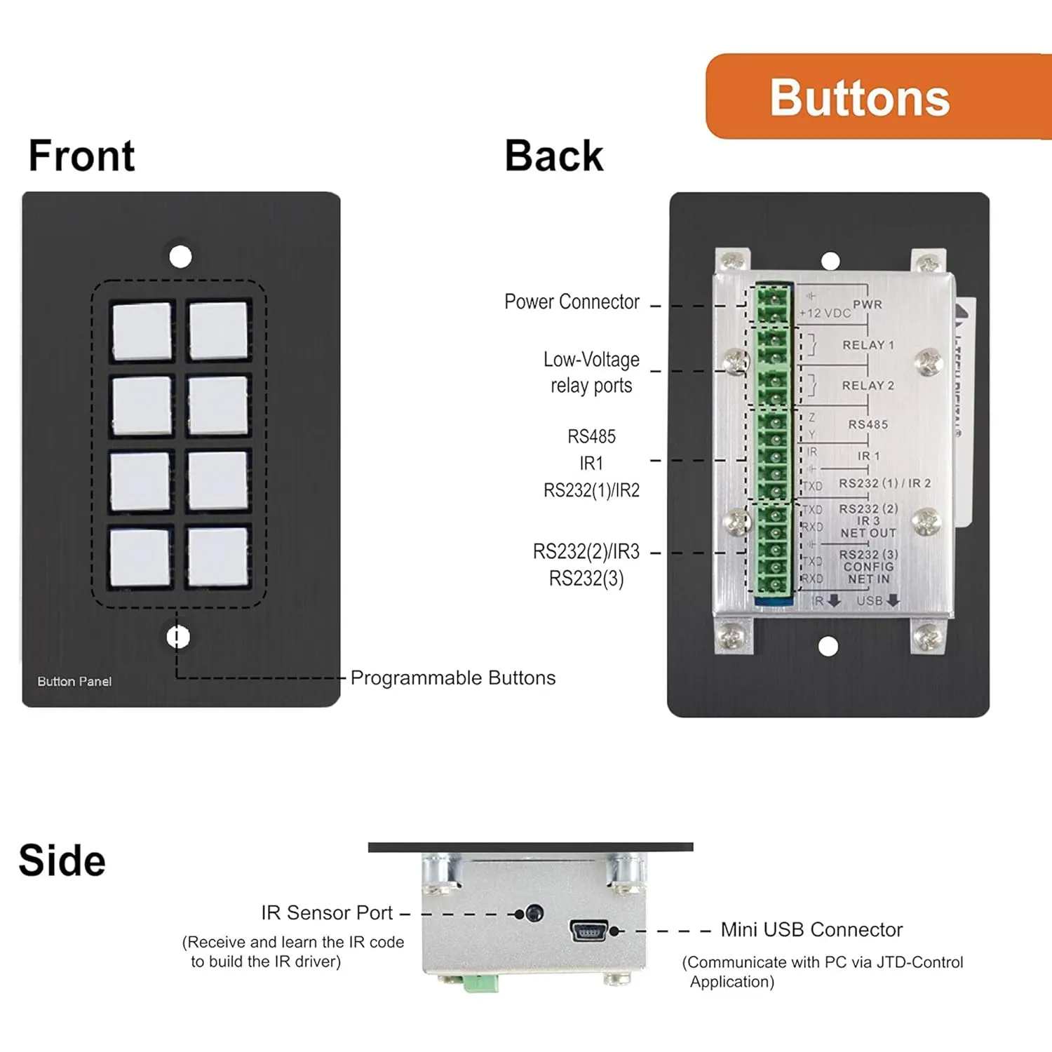 J-Tech Digital 8-Button Control Panel Wall Plate with Programmable LED Buttons, RS-232, RS-458, Relay and IR Control (JTD-P8B), Black Color