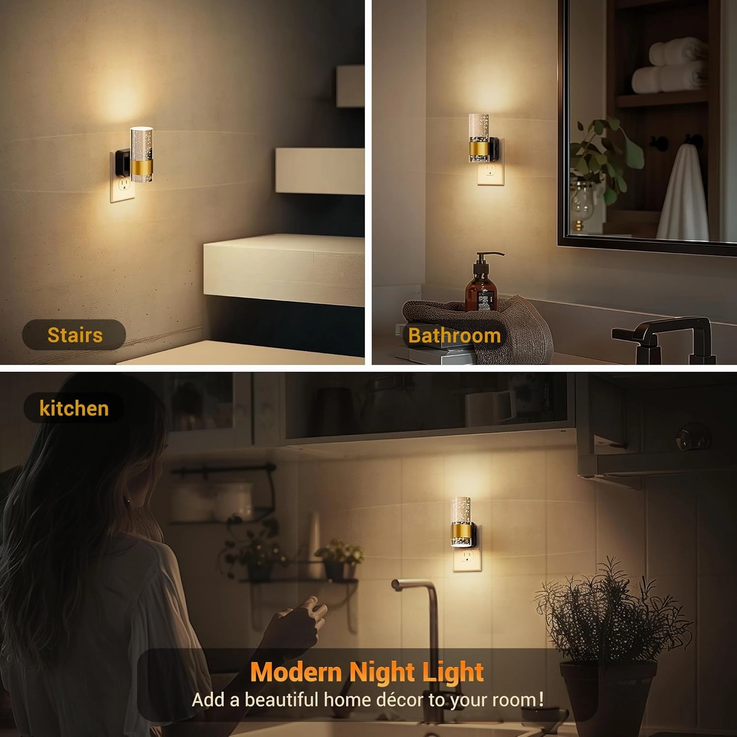 JandCase Night Light, Night Lights Plug into Wall,2 Pack 3000K Dimmable LED Night Light with Adjustable Brightness, Automatic Night Lights Plug in with Auto Light Sensor, for Bathroom Hallway Decor