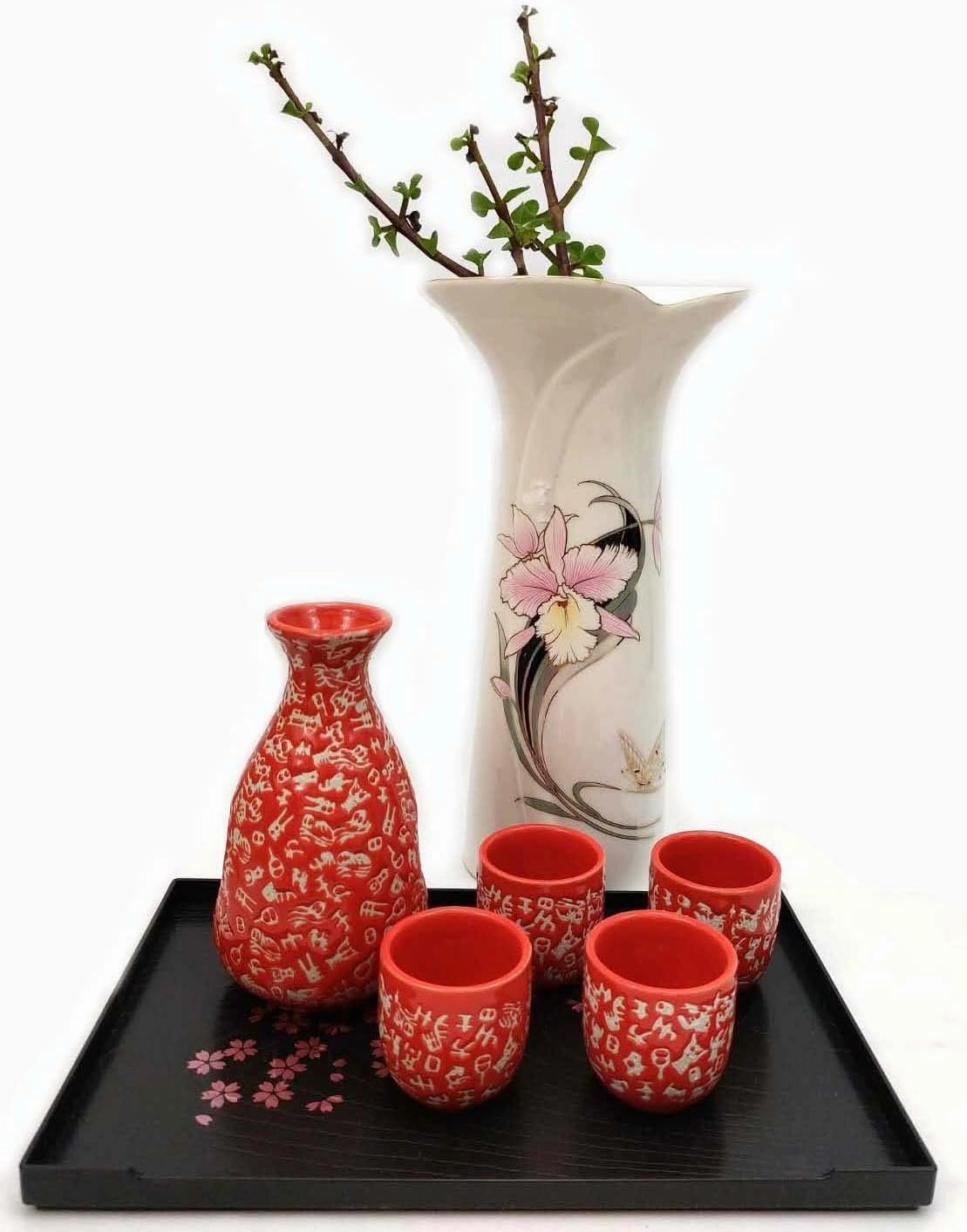 JapanBargain, Porcelain Sake Set Sake Bottle and Sake Cups Saki Set, Microwave Safe, 9.5 oz (Red-Calligraphy)