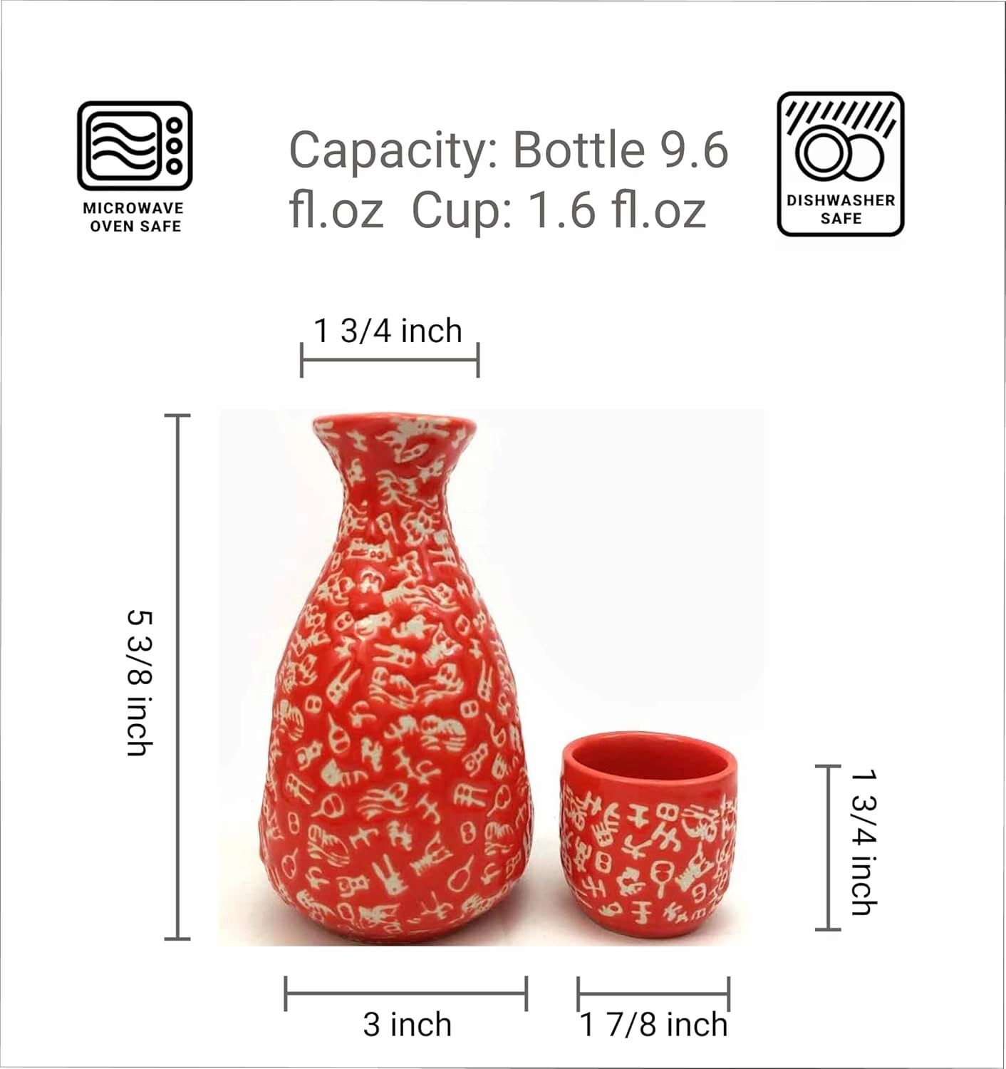 JapanBargain, Porcelain Sake Set Sake Bottle and Sake Cups Saki Set, Microwave Safe, 9.5 oz (Red-Calligraphy)