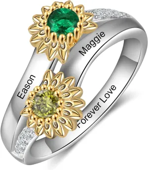 JewelOra Personalized Sunflower Promise Ring for Her S925 Sterling Silver Custom Engraved Name Ring with Simulated Birthstone You Are My Sunshine Engagement Wedding Ring Jewelry Gifts for Women