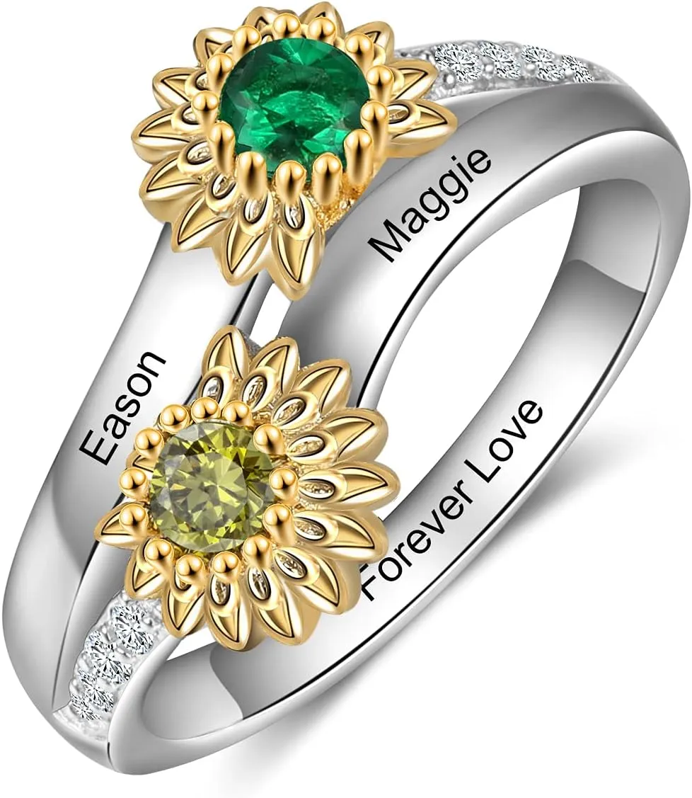 JewelOra Personalized Sunflower Promise Ring for Her S925 Sterling Silver Custom Engraved Name Ring with Simulated Birthstone You Are My Sunshine Engagement Wedding Ring Jewelry Gifts for Women