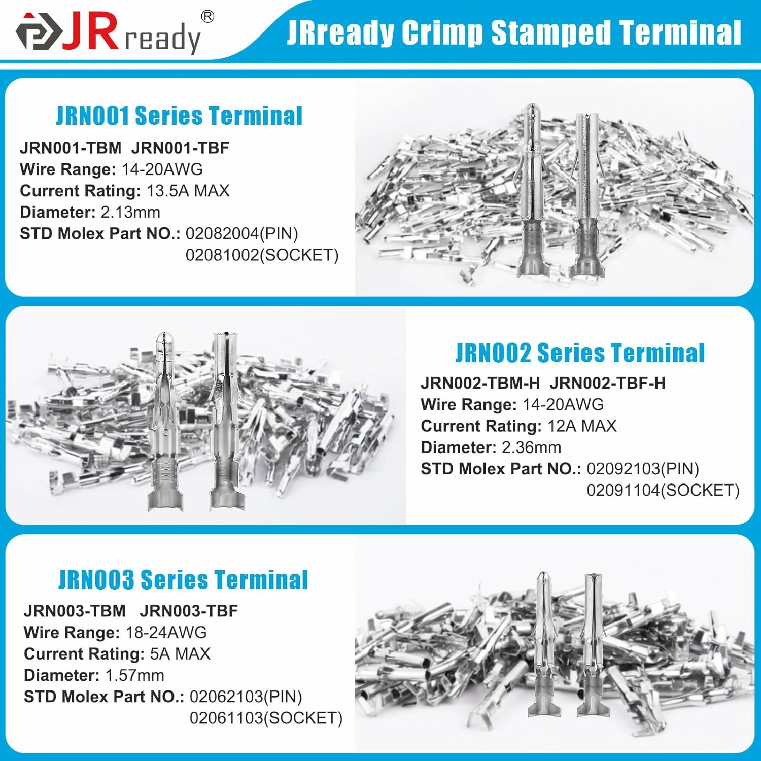 JRready ST6527 150Pairs Pins Terminal Kit 093" 062" Mini-Fit Jr. MLX Micro-Fit Car Automotive Terminals Electrical Pin Connectors 14-20AWG 18-24AWG 20-24AWG Single Pin Sockets Contact Standard Molex