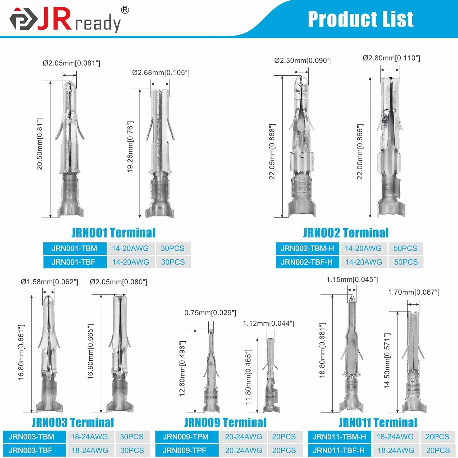 JRready ST6527 150Pairs Pins Terminal Kit 093" 062" Mini-Fit Jr. MLX Micro-Fit Car Automotive Terminals Electrical Pin Connectors 14-20AWG 18-24AWG 20-24AWG Single Pin Sockets Contact Standard Molex