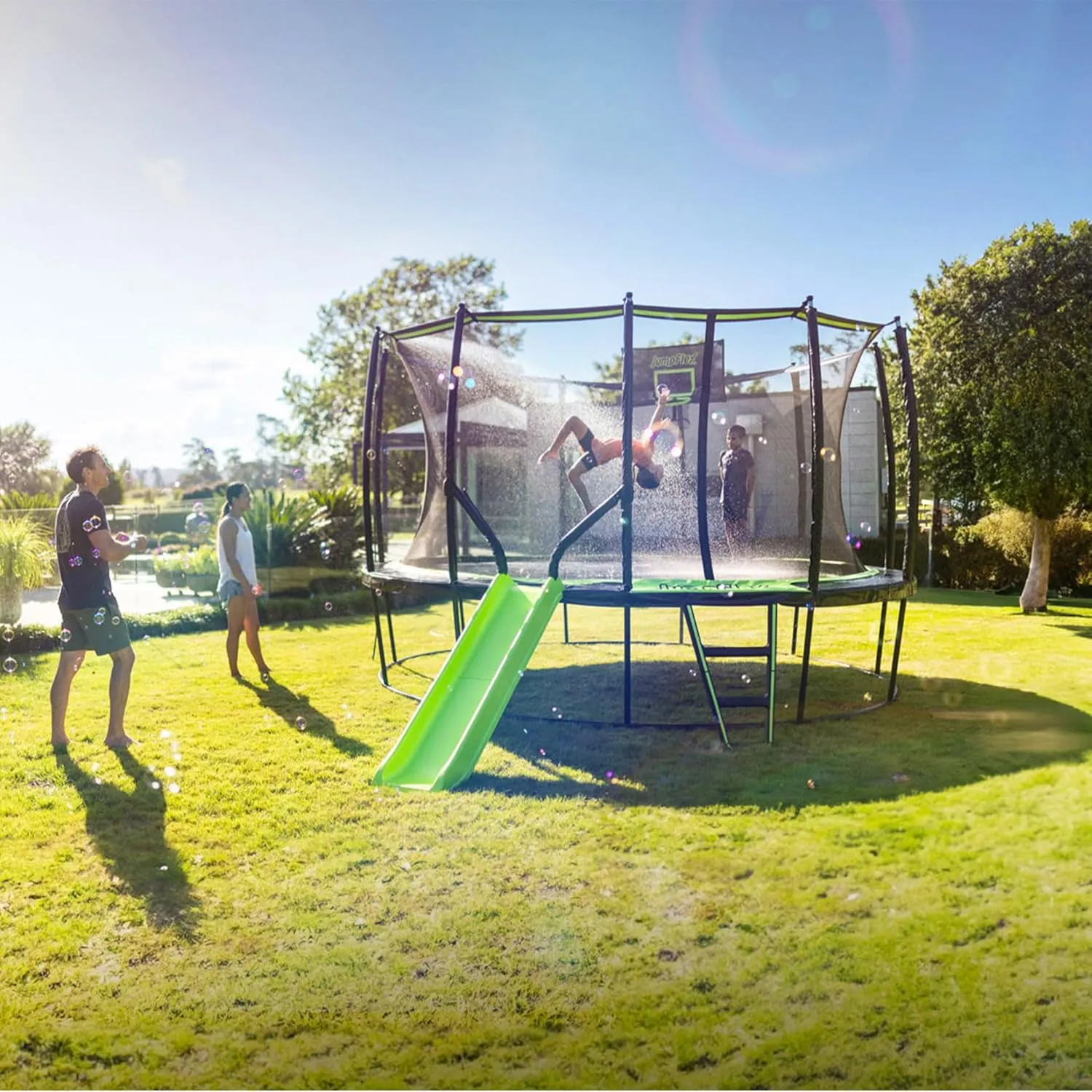 JumpFlex Hero Trampoline 12FT 14FT 15FT Round Outdoor Backyard Trampoline with ASTM Approved Net Safety Enclosure, Hoop, Ladder & Fast Assembly