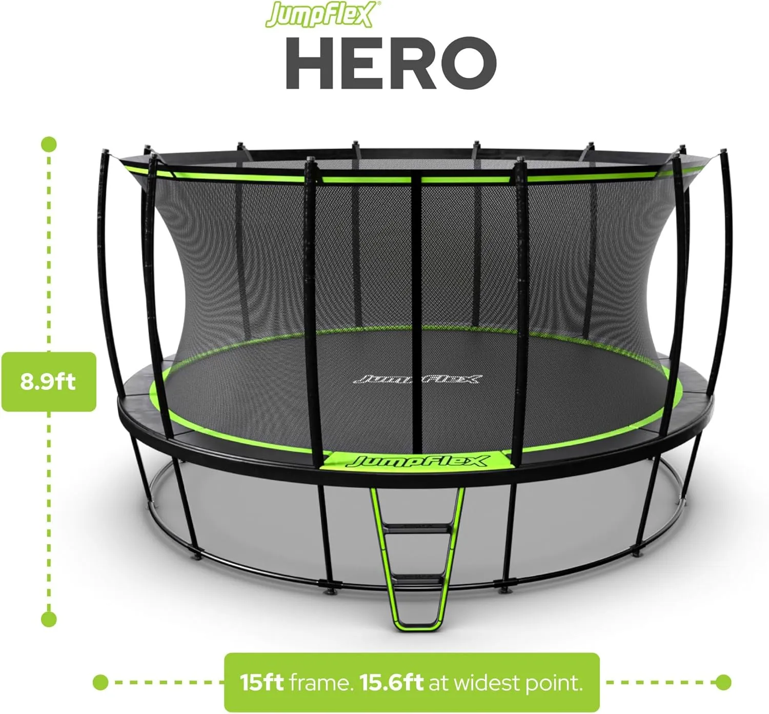 JumpFlex Hero Trampoline 12FT 14FT 15FT Round Outdoor Backyard Trampoline with ASTM Approved Net Safety Enclosure, Hoop, Ladder & Fast Assembly
