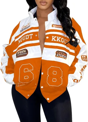 KANSOON Varsity Jacket Women Motorcycle Racer Detachable Letter Graphic Jackets Vintage Color Block Baseball Coat