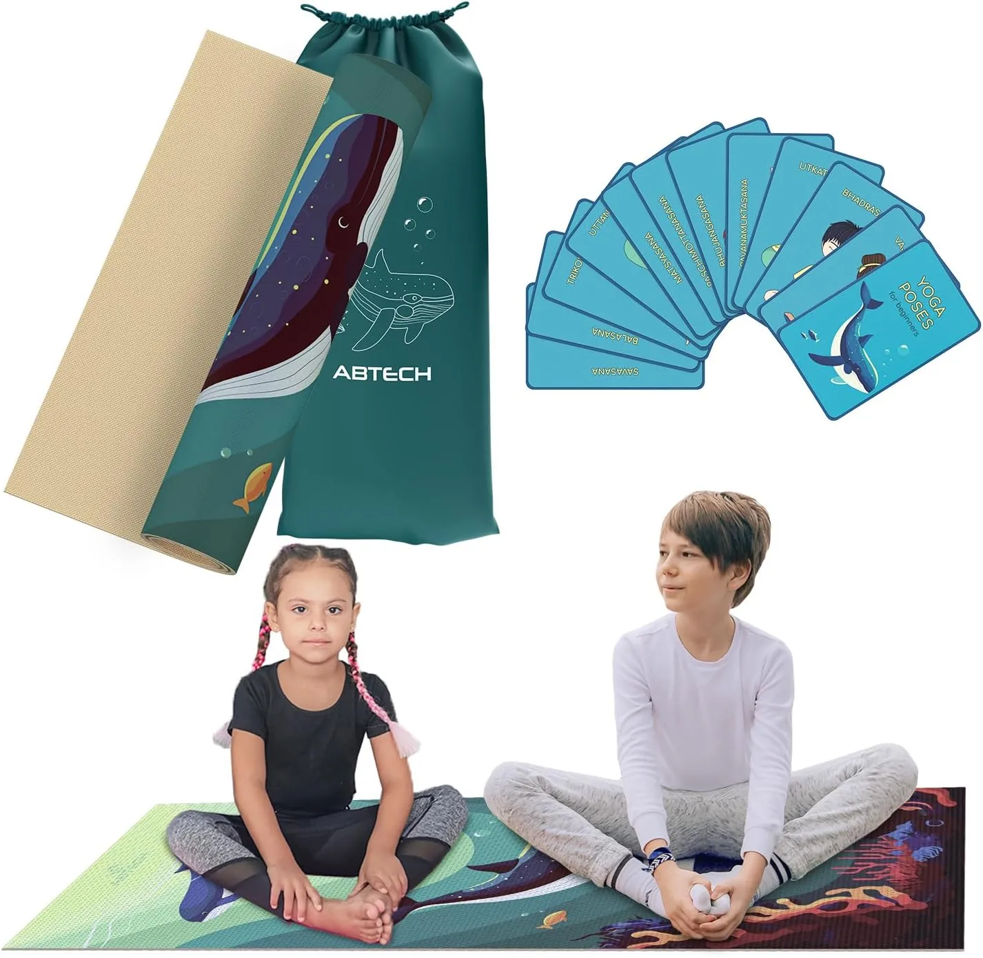 Kids Yoga Mat Set for Boys & Girls - Doll, Unicorn, Mermaid, Panda, Dinosaur and UnderWater - Chemical Free - Non-Toxic - Non-Slip - 60 X 24 X 0.2 Inches - w/ 12 Yoga Cards - Cute Carrier Bag - Ages 3-12