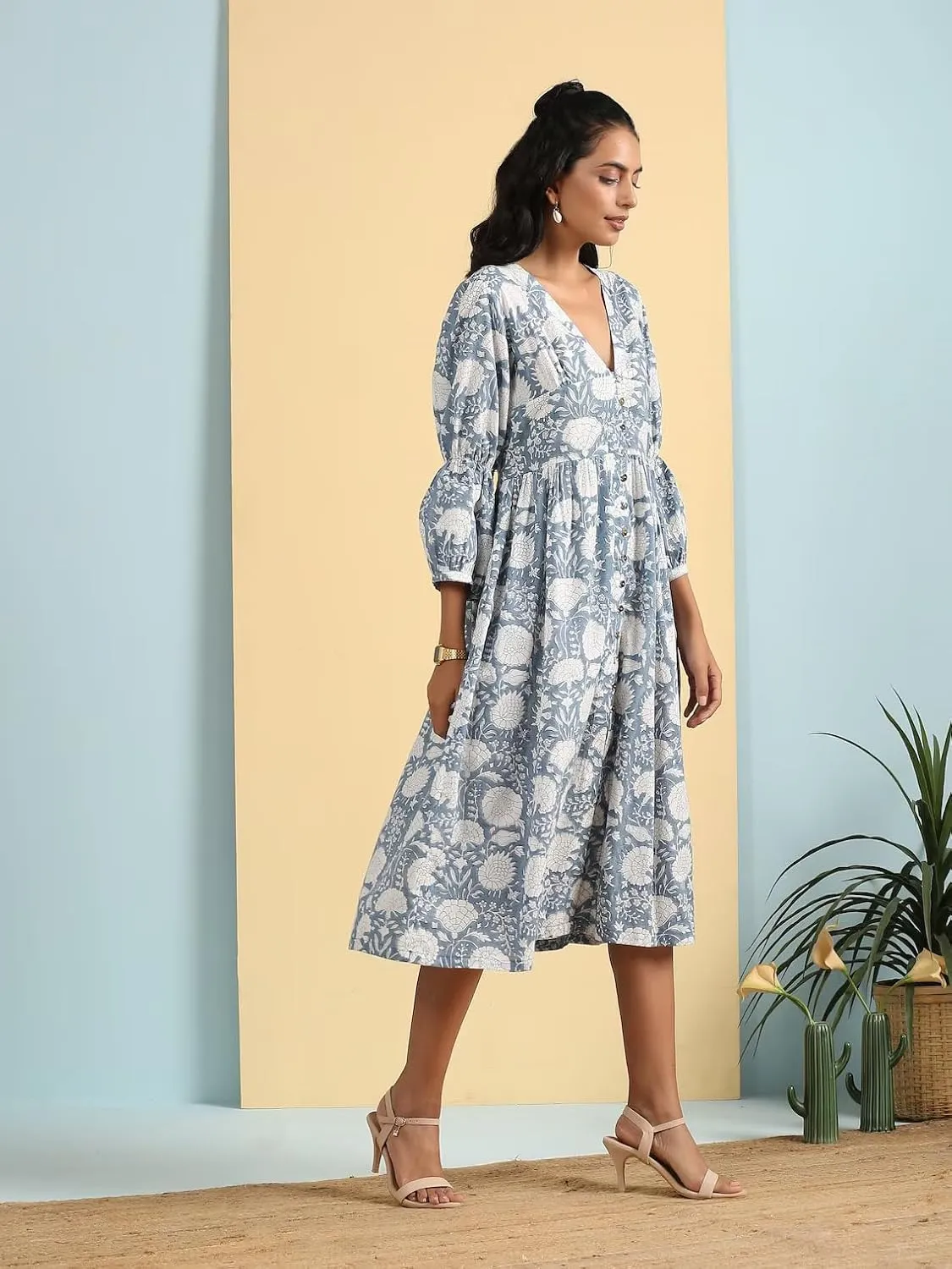 KLAVATE Deep V Neck HandBlock Print Cotton Floral Dress Women Summer Midi Dress for her
