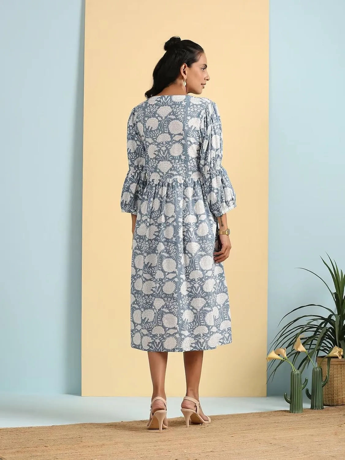 KLAVATE Deep V Neck HandBlock Print Cotton Floral Dress Women Summer Midi Dress for her