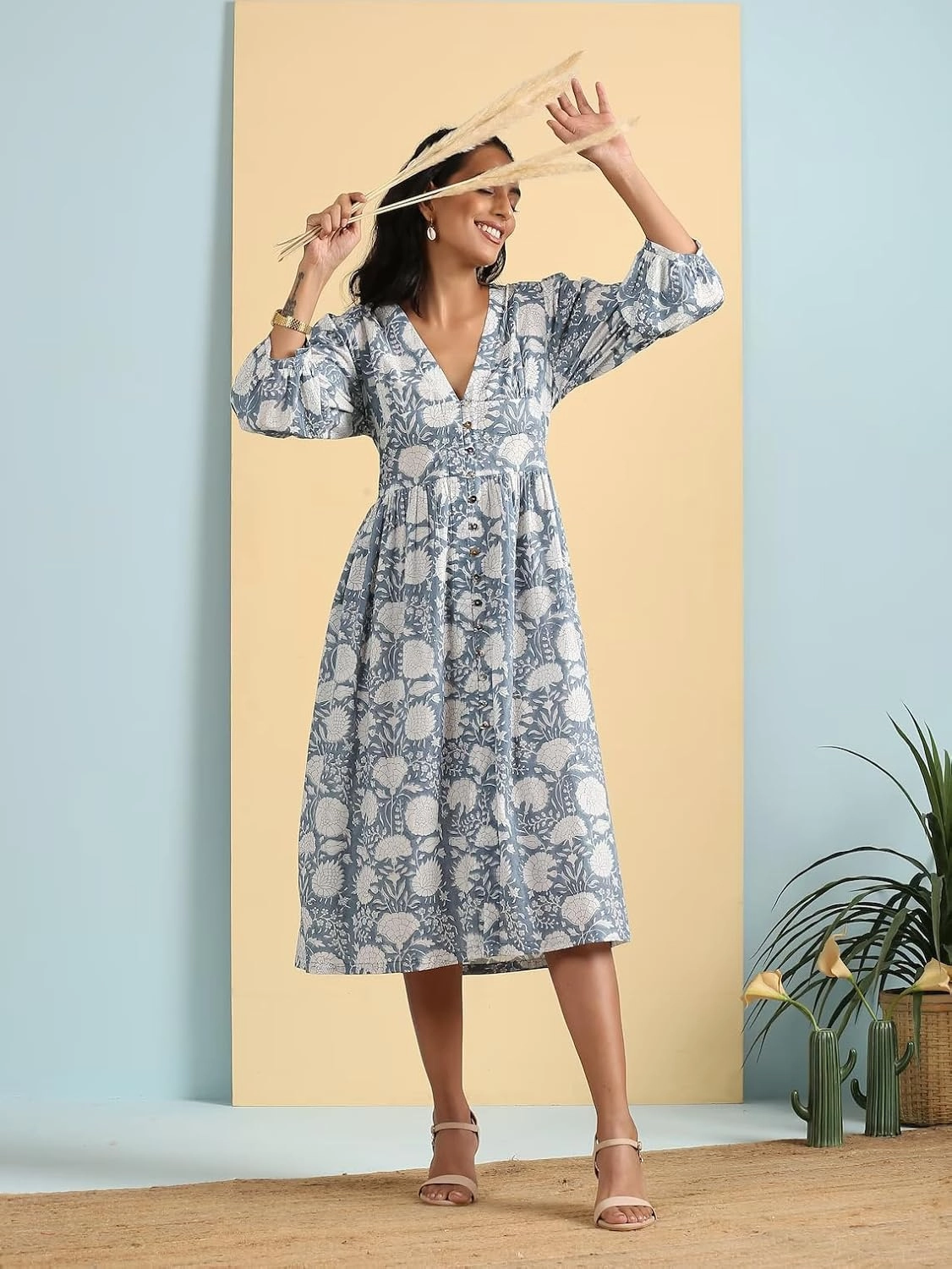 KLAVATE Deep V Neck HandBlock Print Cotton Floral Dress Women Summer Midi Dress for her