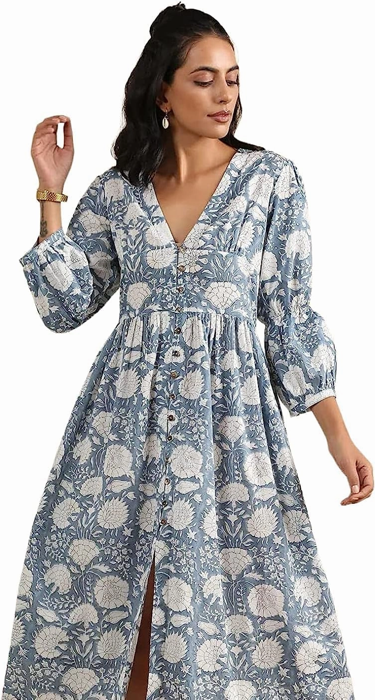 KLAVATE Deep V Neck HandBlock Print Cotton Floral Dress Women Summer Midi Dress for her