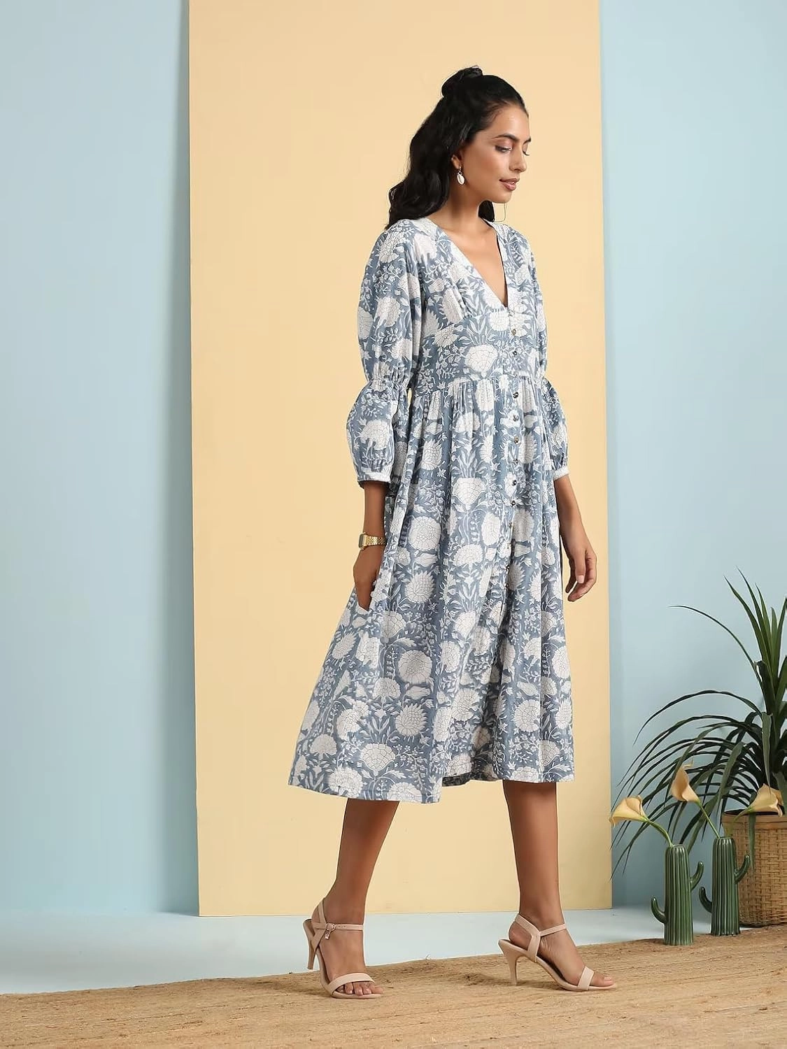 KLAVATE Deep V Neck HandBlock Print Cotton Floral Dress Women Summer Midi Dress for her