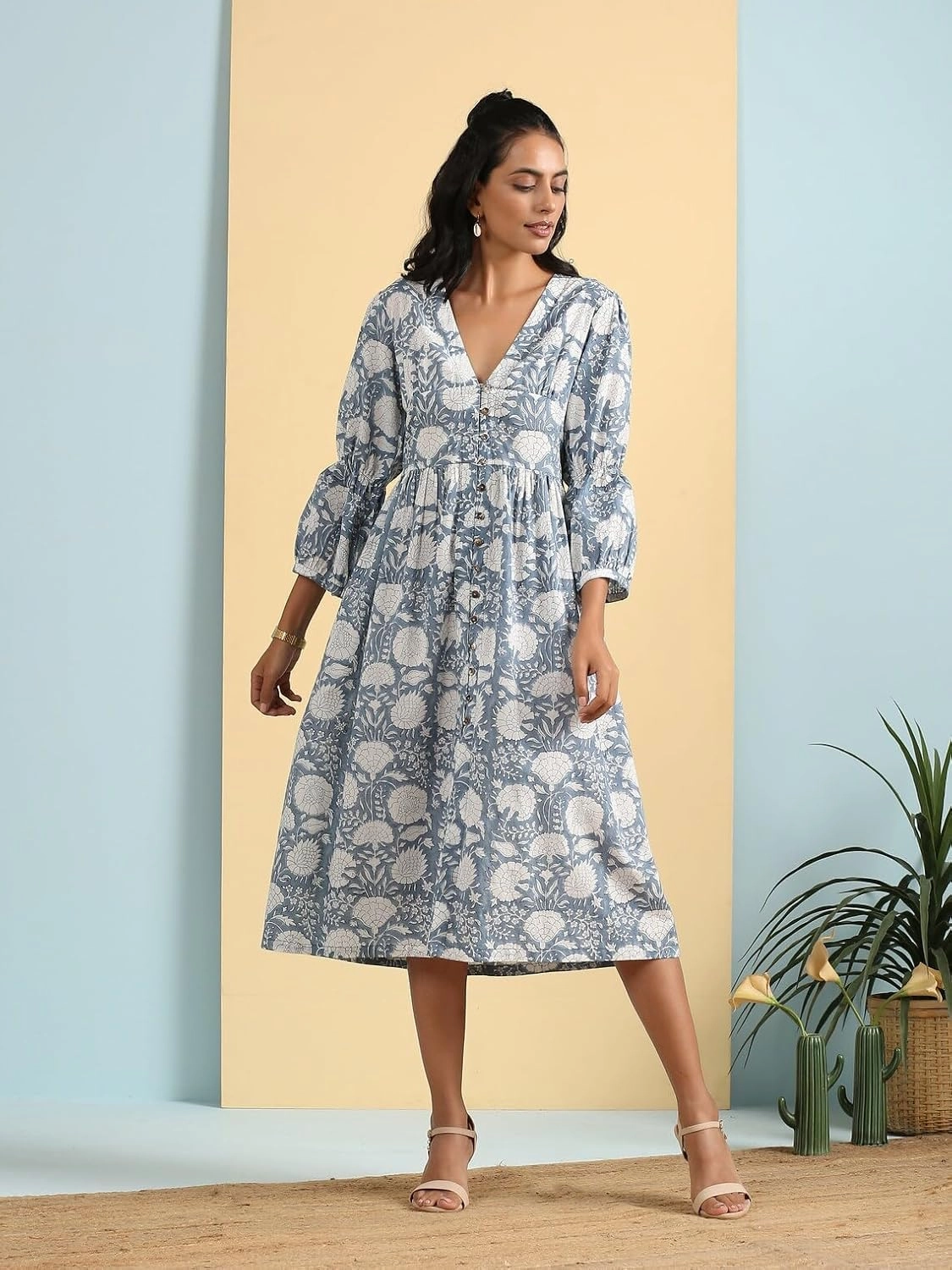 KLAVATE Deep V Neck HandBlock Print Cotton Floral Dress Women Summer Midi Dress for her