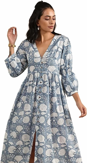 KLAVATE Deep V Neck HandBlock Print Cotton Floral Dress Women Summer Midi Dress for her