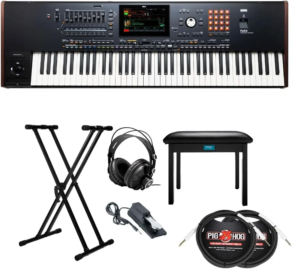 Korg 76-Key Pa5X Professional Arranger Bundle with Adjustable Keyboard Stand, Flip-Top Bench, Closed-Back Headphones, Sustain Pedal, and 1/4 Inch TS Cables (7 Items)
